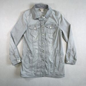 Chicos Long Sleeve Elongated Jacket Light Denim US Sz S Button Front Stretch